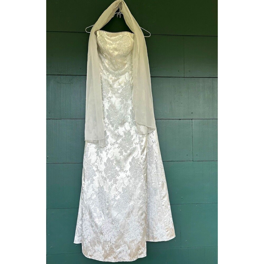 Vintage 90s JUMP Strapless Ivory/Silver Floral Jacquard Gown Dress Y2K Prom XS